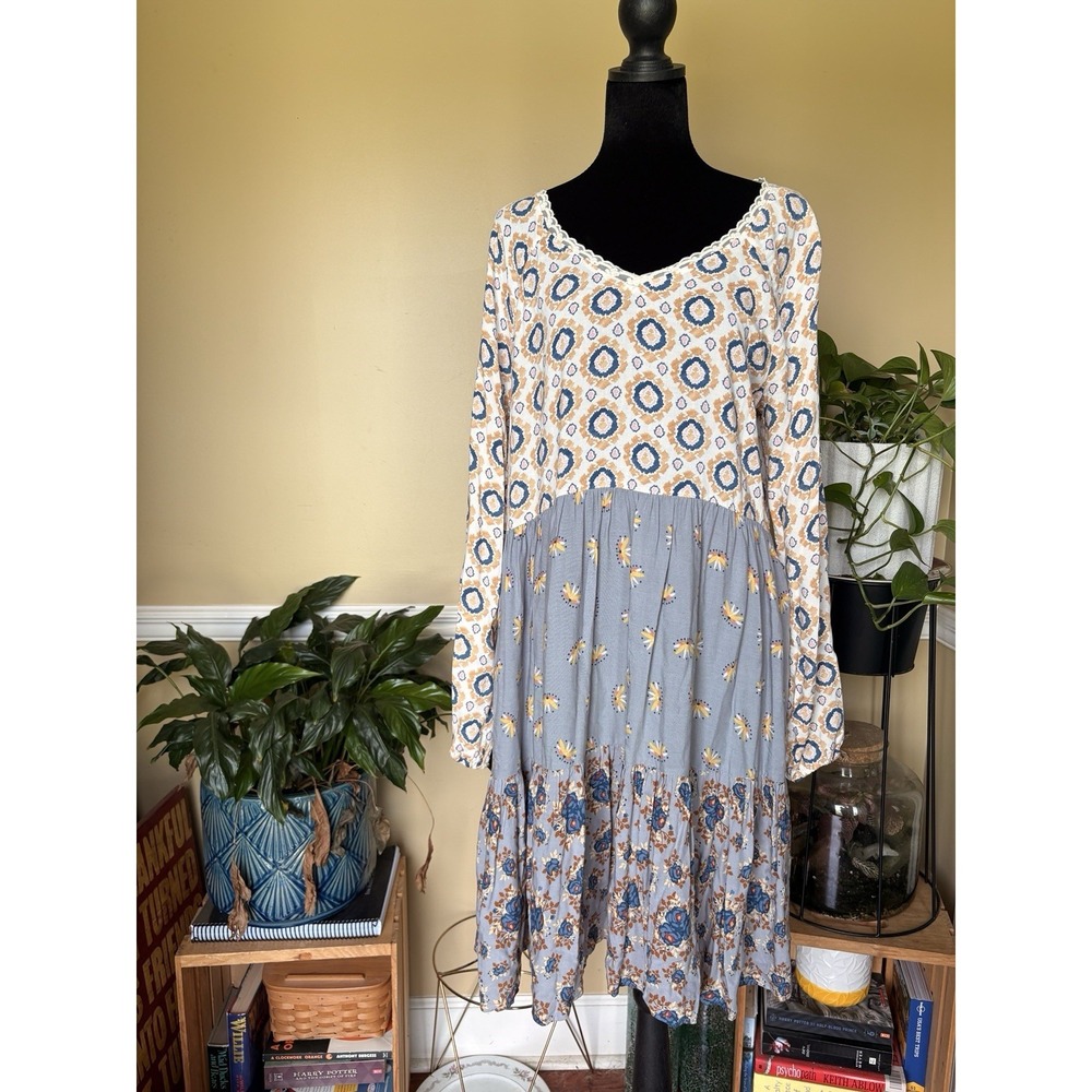 Matilda Jane Dress Womens SzM Mixed Print Floral Tiered Lace Trim Boho Prairie‎